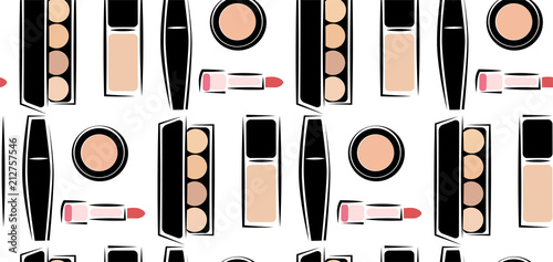 Pattern with images of cosmetics, cosmetics for skin care, decorative cosmetics, in the vector. Sketch image style