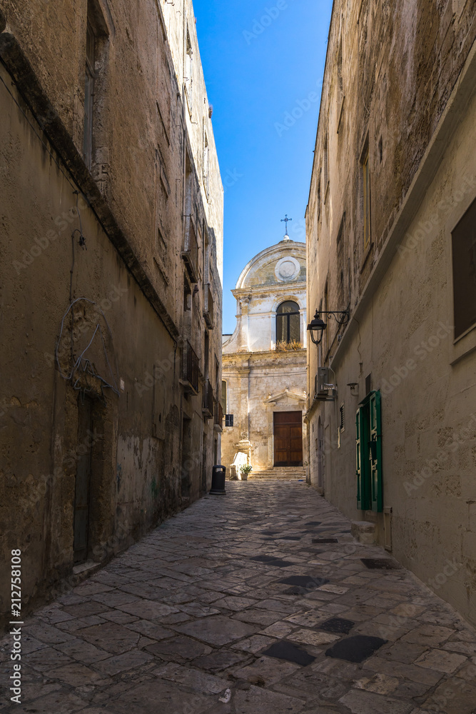 Scenic narrow alley in Monopoli old town, Apulia, Italy