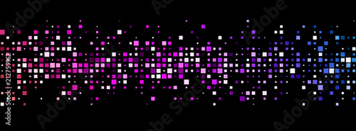 Black banner with colorful geometric pattern.