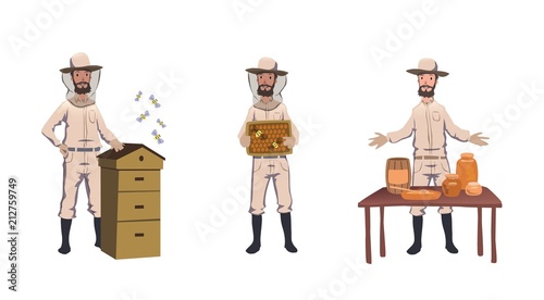 Apiculture and beekeeping. Beekeeper, hiver harvesting honey, dealing with bee-house, selling home-made honey. Set of characters. Colorful flat vector illustration. Isolated on white background.