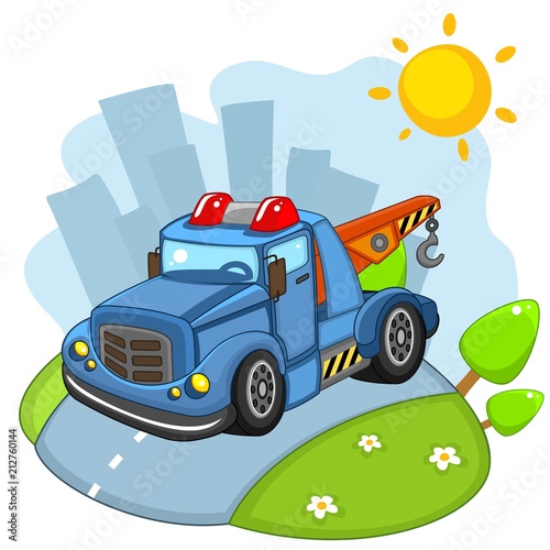 A large cargo building blue car with large wheels and headlights and a siren rides on the road in the city.