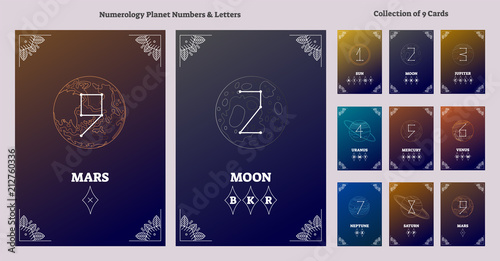 Solar system planets and astrological numbers with letters chart. Ancient, esoteric universe numeral science vector illustration.