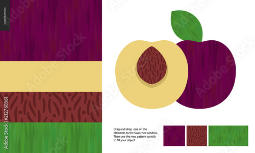 Food patterns, summer - fruit, plum texture, half of plum image on side- four seamless patterns of plum sweet firm yellow nude pulp, purple smooth rind, brown seed of grainy smooth texture, green leaf