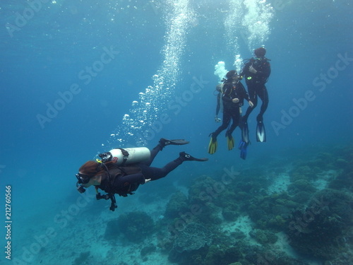 Buddy group of scuba diver, diving in crystal clear water in Labuanbajo, Flores, Indonesia