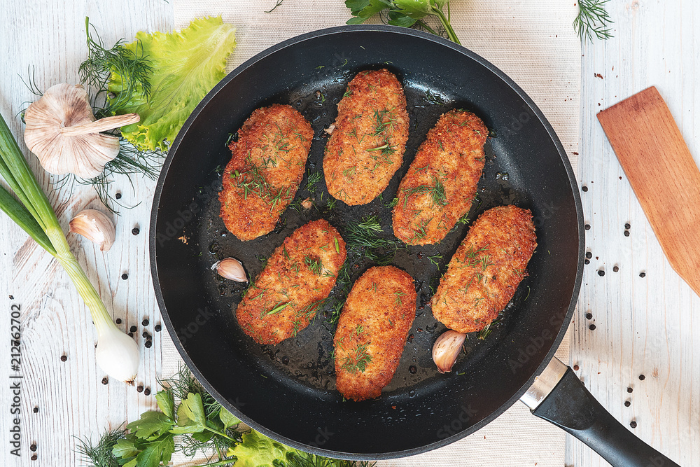 cutlets in a frying pan, top view