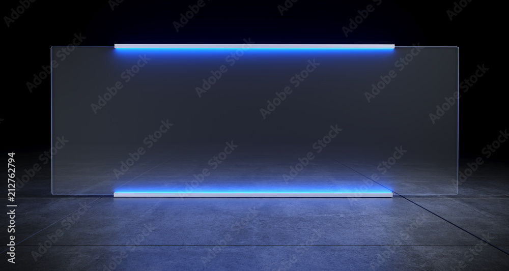 Futuristic Sci Fi Concrete Floor With Blue Strips Lighted Frozen Glass On Both Sides With Empty Space For Text Inside Billboard Like Concept 3D Rendering Futuristic Sci Fi Concrete Floor With Blue Strips Lighted Frozen Glass On Both Sides With Empty Space For Text Inside Billboard Like Concept 3D Rendering