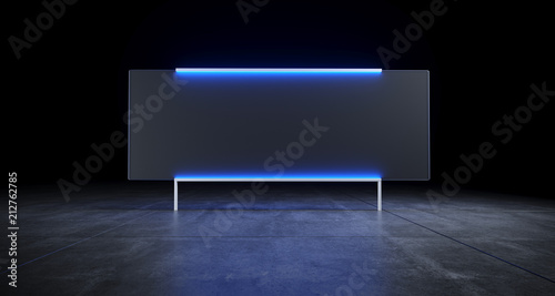 Futuristic Sci Fi Concrete Floor With Blue Strips Lighted Frozen Glass On Both Sides With Empty Space For Text Inside Billboard Like Concept 3D Rendering