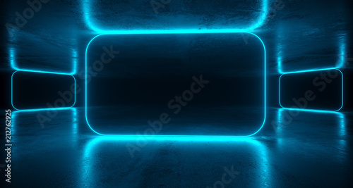Fototapeta Naklejka Na Ścianę i Meble -  Abstract Futuristic Sci Fi Concrete Room With Different Glowing Neon Lights And Reflections  Space For Text 3d Rendering