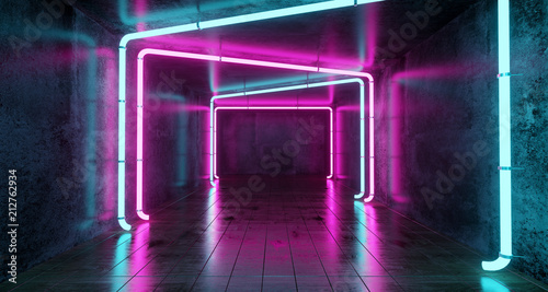 Fototapeta Naklejka Na Ścianę i Meble -  Abstract Futuristic Sci Fi Concrete Room With Different Glowing Neon Lights And Reflections  Space For Text 3d Rendering