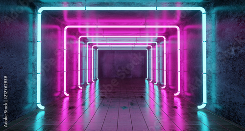 Fototapeta Naklejka Na Ścianę i Meble -  Abstract Futuristic Sci Fi Concrete Room With Different Glowing Neon Lights And Reflections  Space For Text 3d Rendering