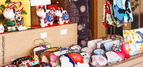 Bags in Japanese style on the counter in the store, Kyoto, Japan.