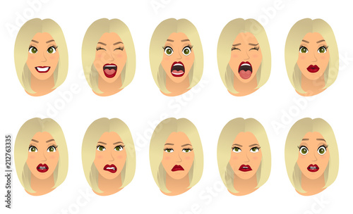 Women facial expressions, gestures, emotions happiness surprise disgust sadness rapture disappointment fear surprise joy smile cry despondency. Cartoon icons set isolated. Vector illustration
