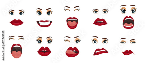 Comic emotions. Women facial expressions, gestures, emotions happiness surprise disgust sadness rapture disappointment fear surprise joy, smile cry coquetry cute mouth. Cartoon icons set isolated.