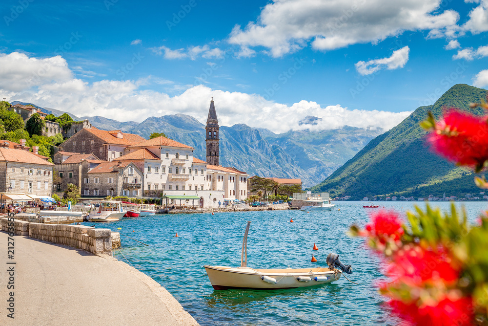 Historic town of Perast at Bay of Kotor in summer, Montenegro - obrazy, fototapety, plakaty 