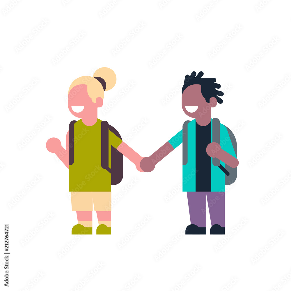 couple girl boy backpack hold hands mix race school children isolated small primary students over white background flat vector illustration