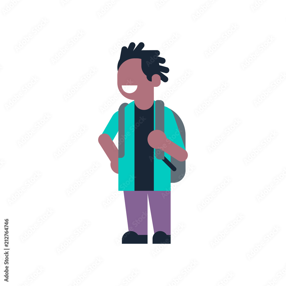 african american boy backpack school children isolated small primary student over white background flat full length vector illustration