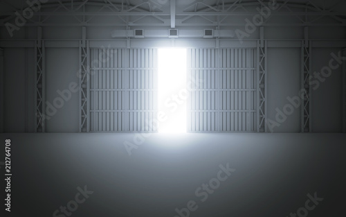 Bright light coming through open hangar doors. 3d rendering