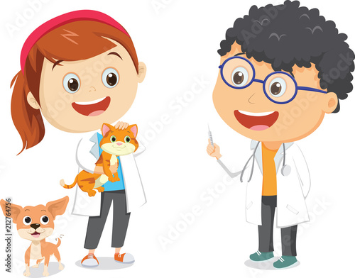 Illustration of happy children with veterinary profession costume