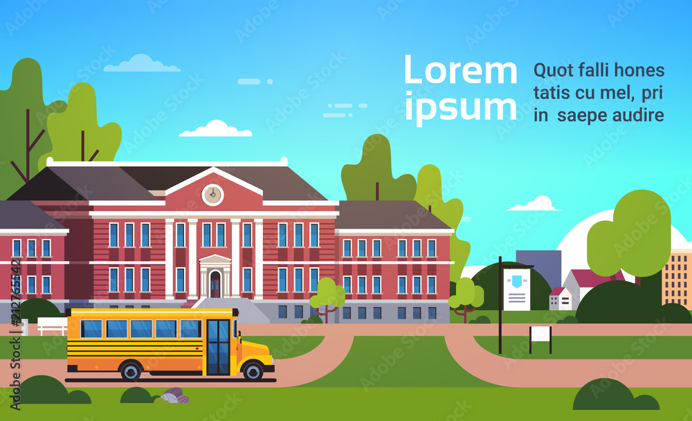 yellow bus in front of school building pupils transport concept 1 september cityscape background flat horizontal copy space vector illustration