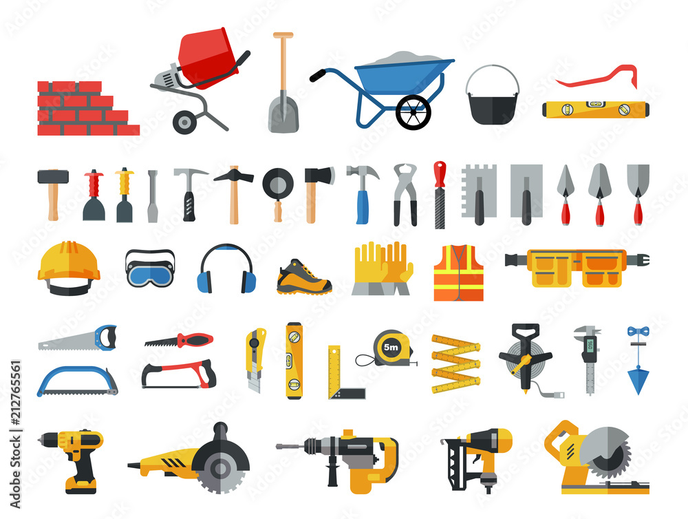 Mason hand tools. Big flat icon collection of hand and power electric tools for construction workers. Set of master tools used for  wood, metal, plastic, stone, concrete and other materials. - obrazy, fototapety, plakaty 