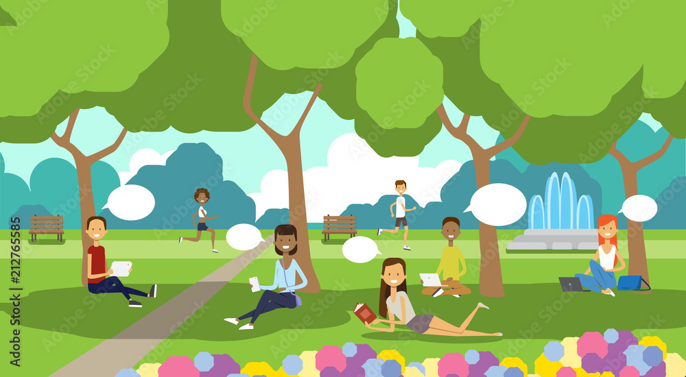 city park relaxing people chat bubbles sitting green lawn using laptop picnic man woman trees landscape background horizontal flat vector illustration