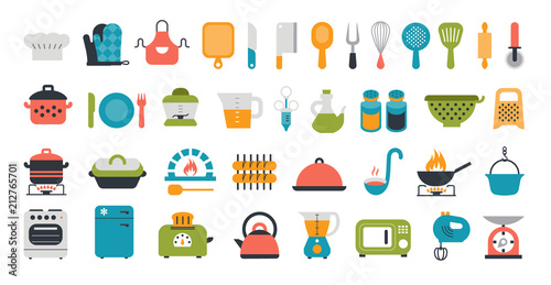 Set of kitchen tools flat icons. Cooking and preparing meals. Various kitchen items.
