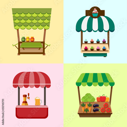 Collection of fixed stalls for external usage. Set of stylized illustrations of promo stands, food stalls, kiosks, market stalls and various promotional and sales objects.