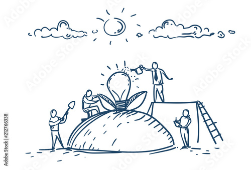 business people come up with a new idea team brainstorming light lamp concept over white background sketch doodle vector illustration