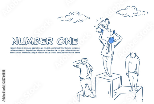 businessman on podium hold prize winner cup number one concept on white background sketch doodle copy space vector illustration