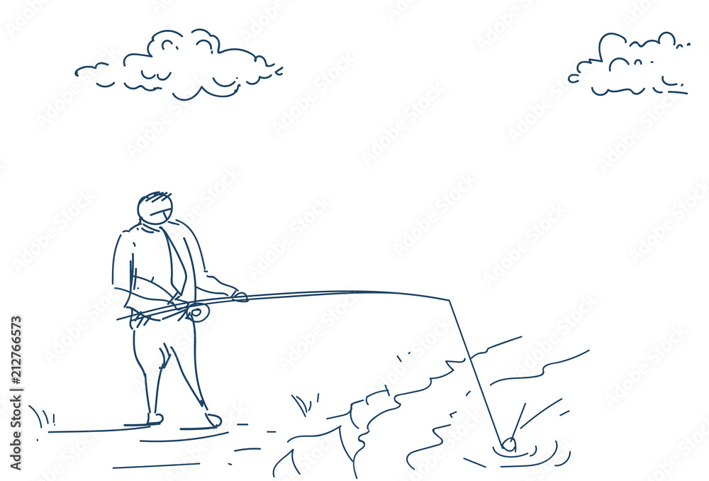 businessman fishing rod strategy success concept, business man white background sketch doodle vector illustration