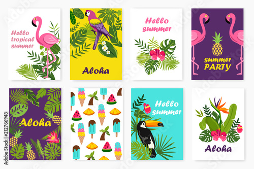 set of card tropical flamingo. vector  illustration