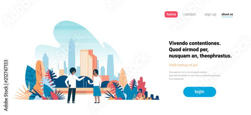african man woman couple using gadgets communicating over city skyscraper view cityscape background skyline flat horizontal copy space vector illustration