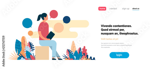 woman using laptop chat bubbles working process messenger concept flat horizontal copy space vector illustration