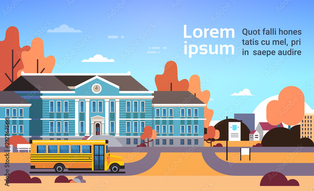 yellow bus in front of school building pupils transport concept 1 september autumn cityscape background flat horizontal copy space vector illustration