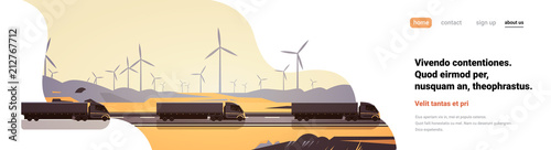 Black semi truck trailers driving road countryside wind turbines landscape banner copy space vector illustration