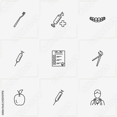 Stomatology line icon set with teeth brush, apple and nippers of dentist