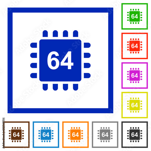 Microprocessor 64 bit architecture flat framed icons