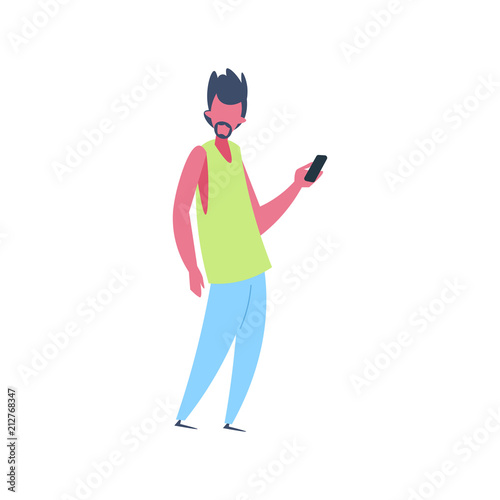 caucasian man character using smartphone standing pose isolated male cartoon full length flat vector illustration