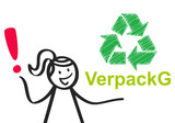 VerpackG, Recycling Logo, Verpackung, Strichmännchen, Frau erklärt Verpackungsgesetz