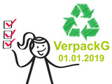 VerpackG, Stichtag 01.01.2019, Recycling Logo, Verpackung, Strichmännchen, Frau erklärt Verpackungsgesetz