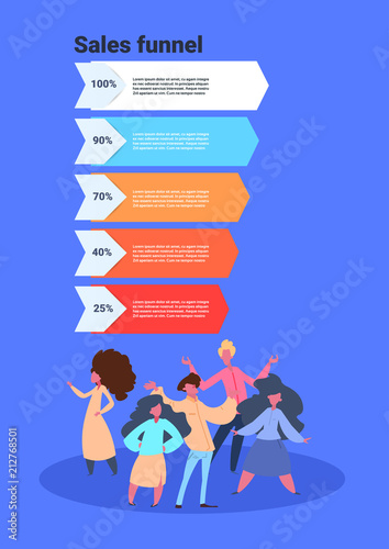 sales funnel with people full length stages business infographic purchase diagram concept over blue background copy space flat design vector illustration