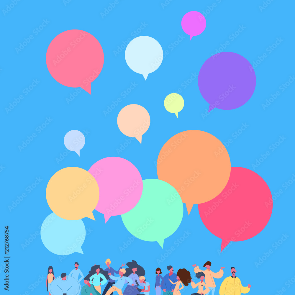 casual people group chat bubbles standing together man woman character diversity poses blue background male female cartoon portrait flat vector illustration