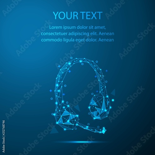 Abstract illustration of headphones in the form of a starry sky or space, consisting of points, lines, and shapes in the form of planets, stars and the universe. Vector business wireframe concept.