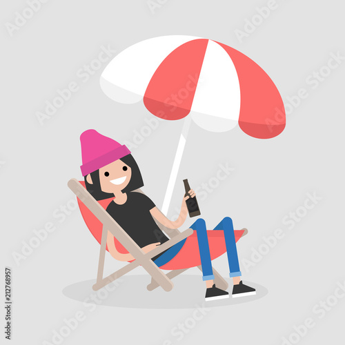 Young female character sitting in a chaise lounge under the beach umbrella and drinking beer. Vacation. Summer. Weekend. Outdoor. Flat editable vector illustration, clip art