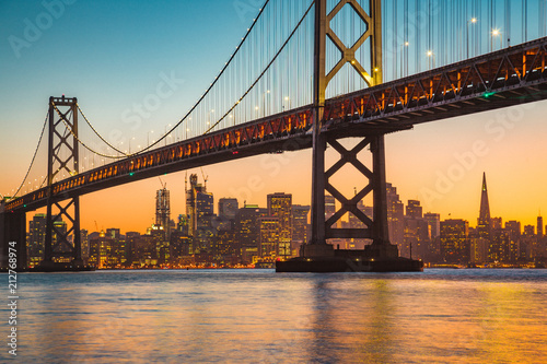 San Francisco skyline with Bay Bridge at sunset, California, USA