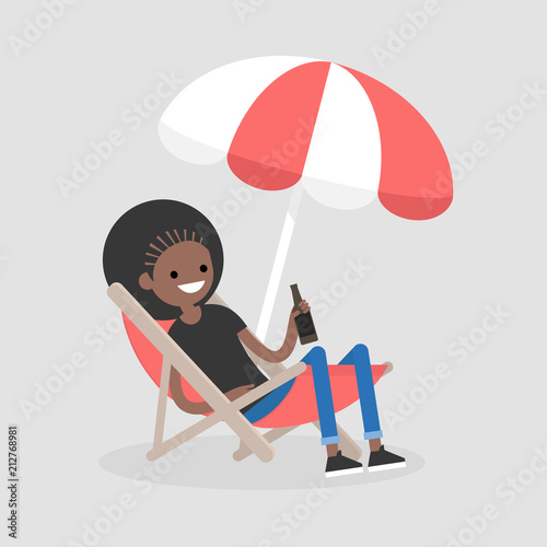 Young black character sitting in a chaise lounge under the beach umbrella  and drinking beer. Vacation. Summer. Weekend. Outdoor. Flat editable vector illustration, clip art