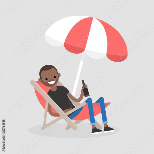 Young black character sitting in a chaise lounge under the beach umbrella  and drinking beer. Vacation. Summer. Weekend. Outdoor. Flat editable vector illustration, clip art