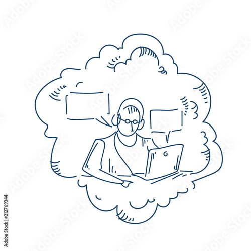 man headphones working laptop announcer bubble chat concept white background sketch doodle vector illustration