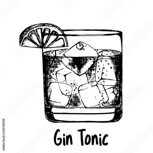 Hand drawn sketch style Gin and Tonic cocktail isolated on white background. Vector illustration.