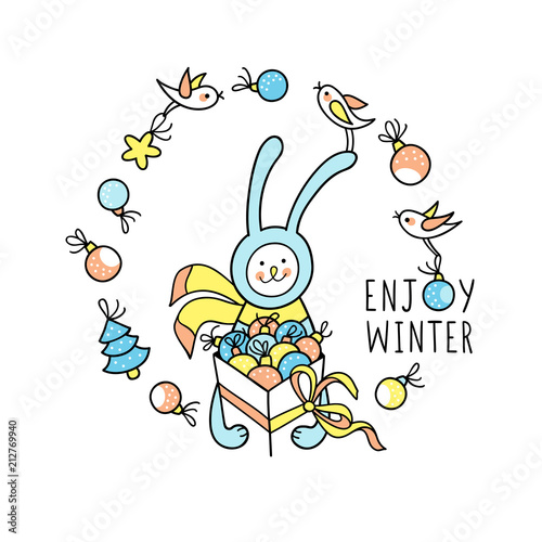 Cute enjoy winter gift card with elements arranged in circle 
